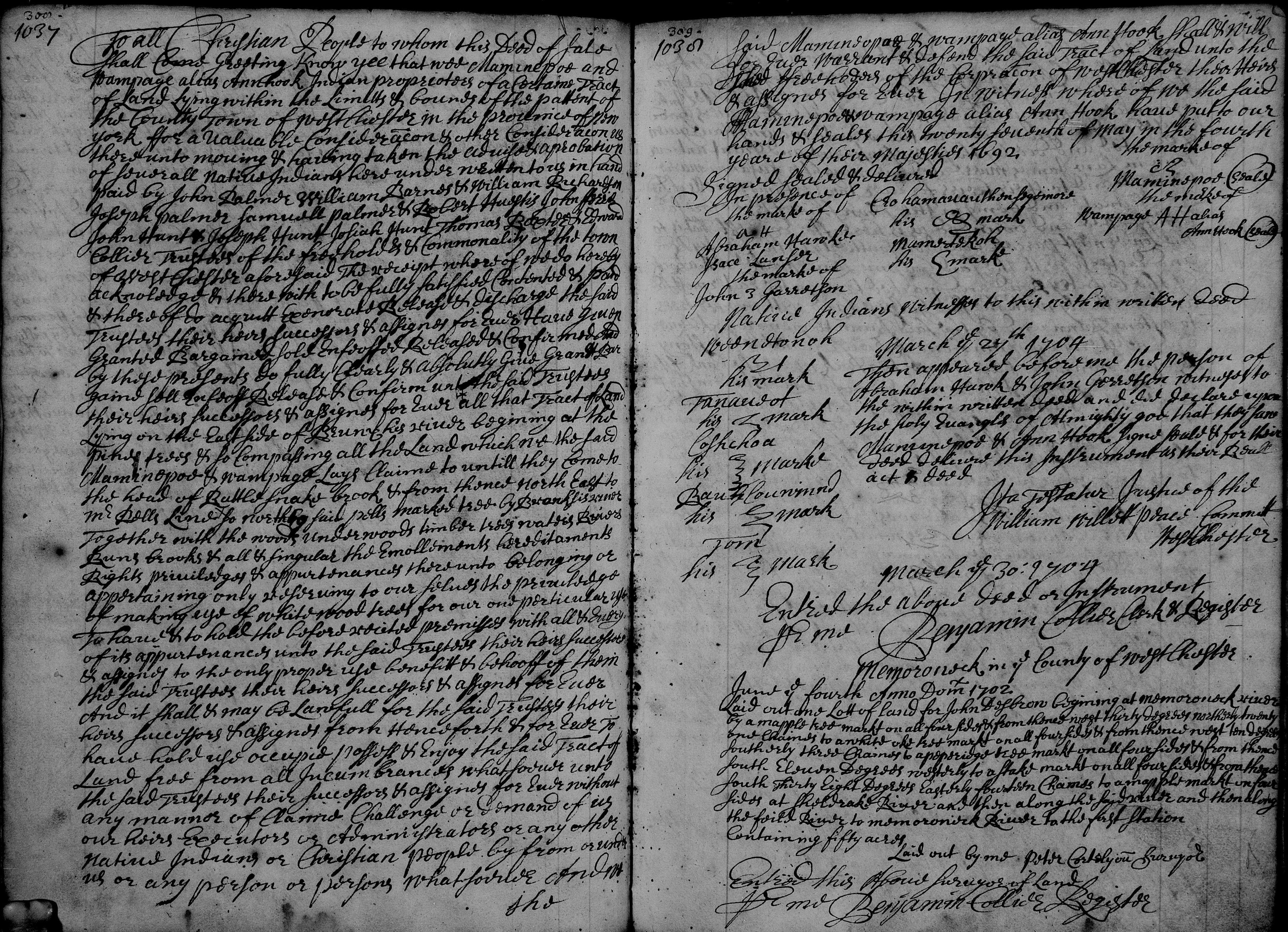 1692 - Deed from Siwanoys to Westchester (from original book)