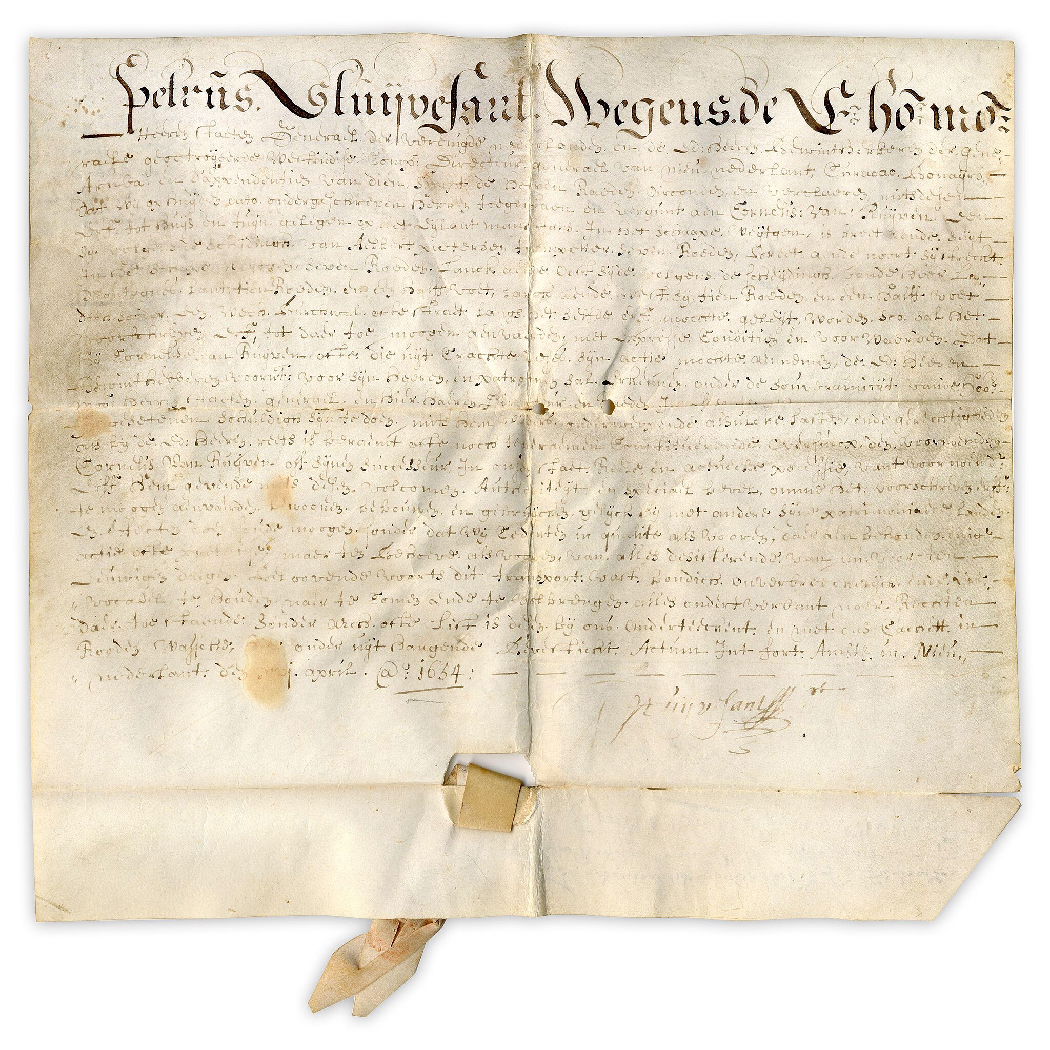 Peter Stuyvesant Deed For Part of Manhattan (now Financial District) 1654