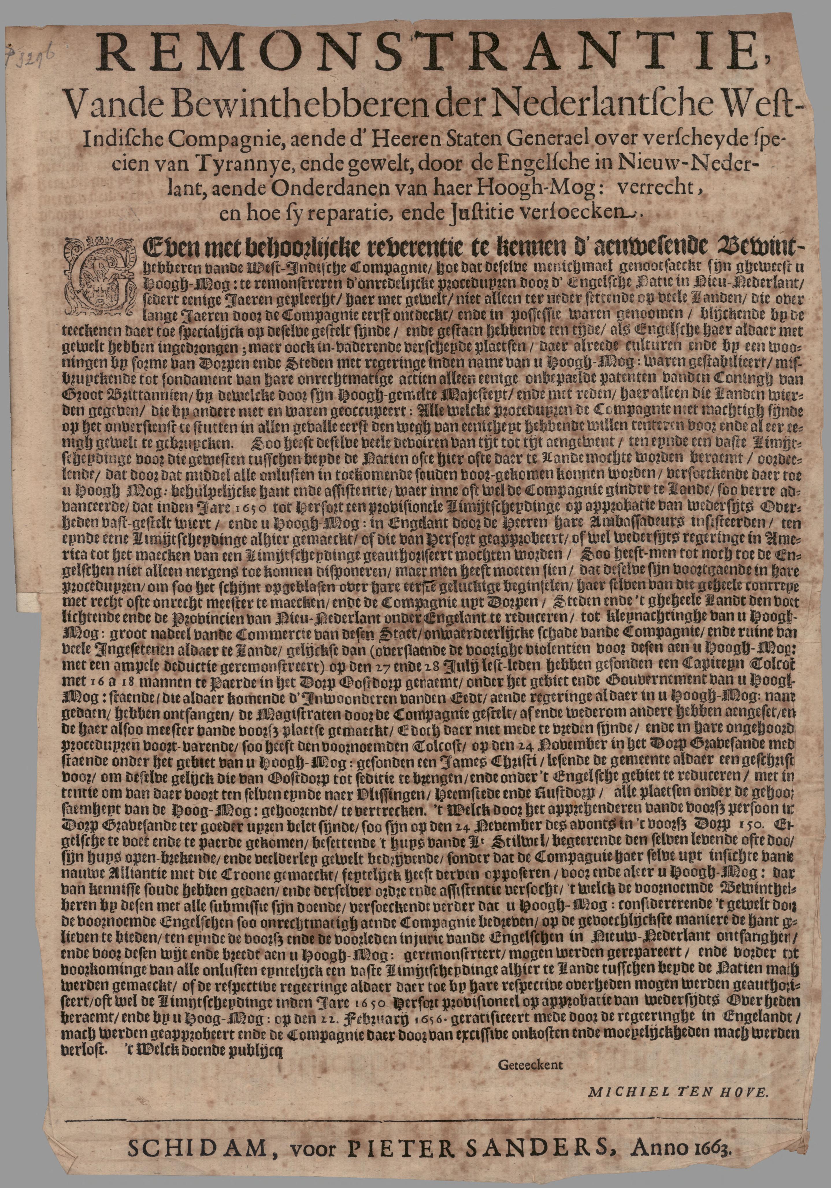 Remonstrance of the DWIC Administrators to the Lords State General - 1663, Library of Congress