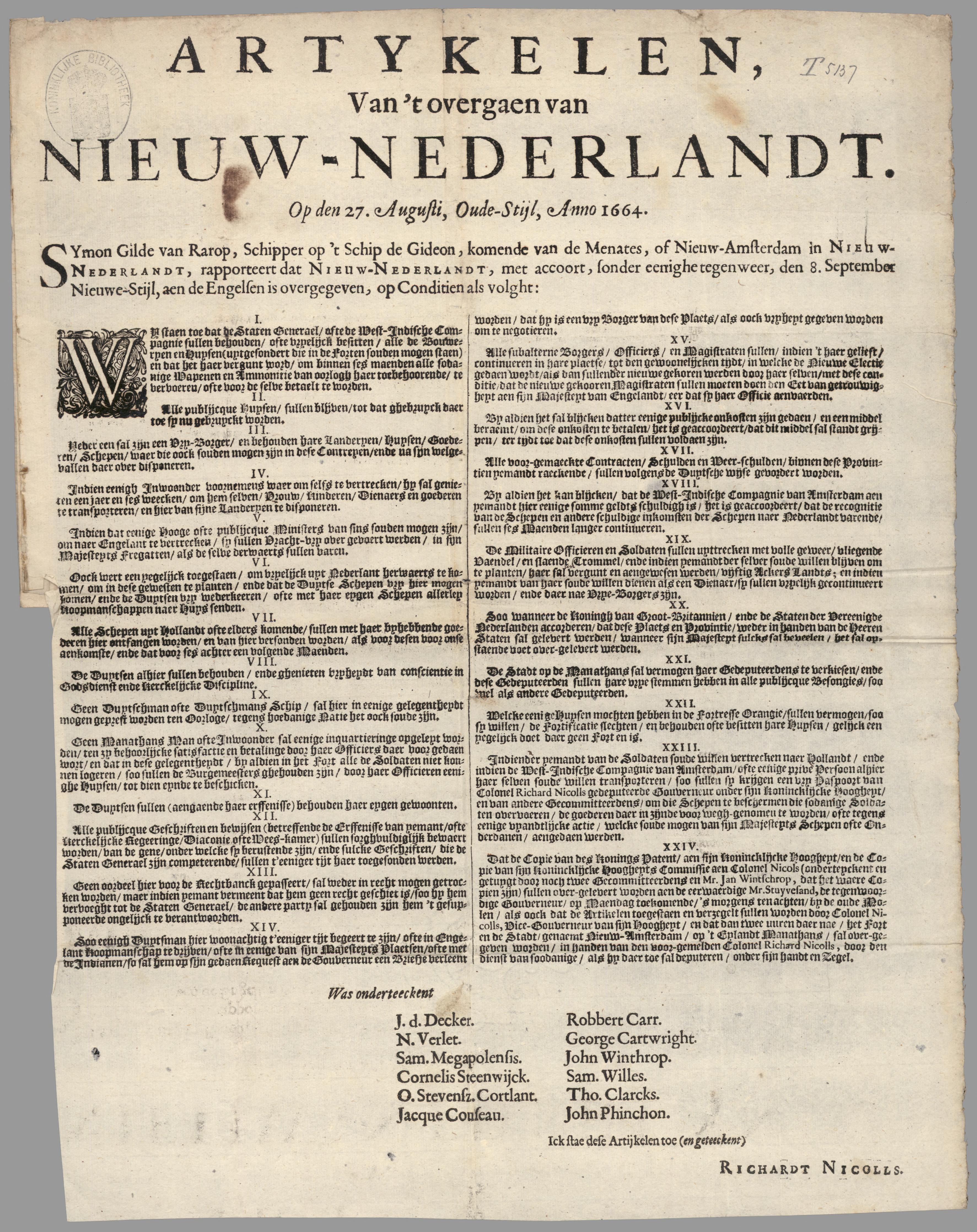 Articles about the Transfer of New Netherland on the 27th of August, 1664